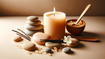 Obraz na płótnie Canvas vanilla candle burning softly on a beige background, surrounded by stones, creating a warm