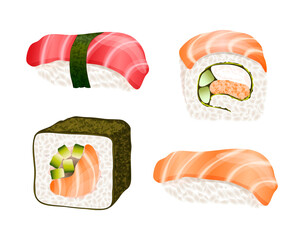 Set of four realistic sushi. Png clipart isolated on transparent background