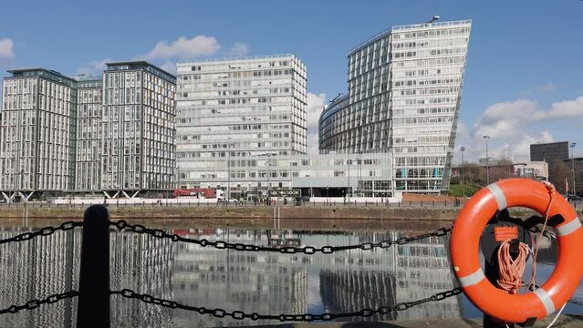 Liverpool business buildings, reflected in Canning Dock.