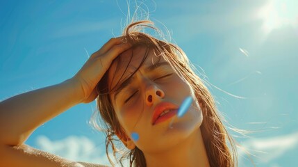 Young woman is suffering from heat, woman with heatstroke at summer hot weather. Dangerous of the sun concept.