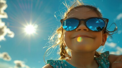 Happy little girl with big sunglasses. Hot summer light from sun.