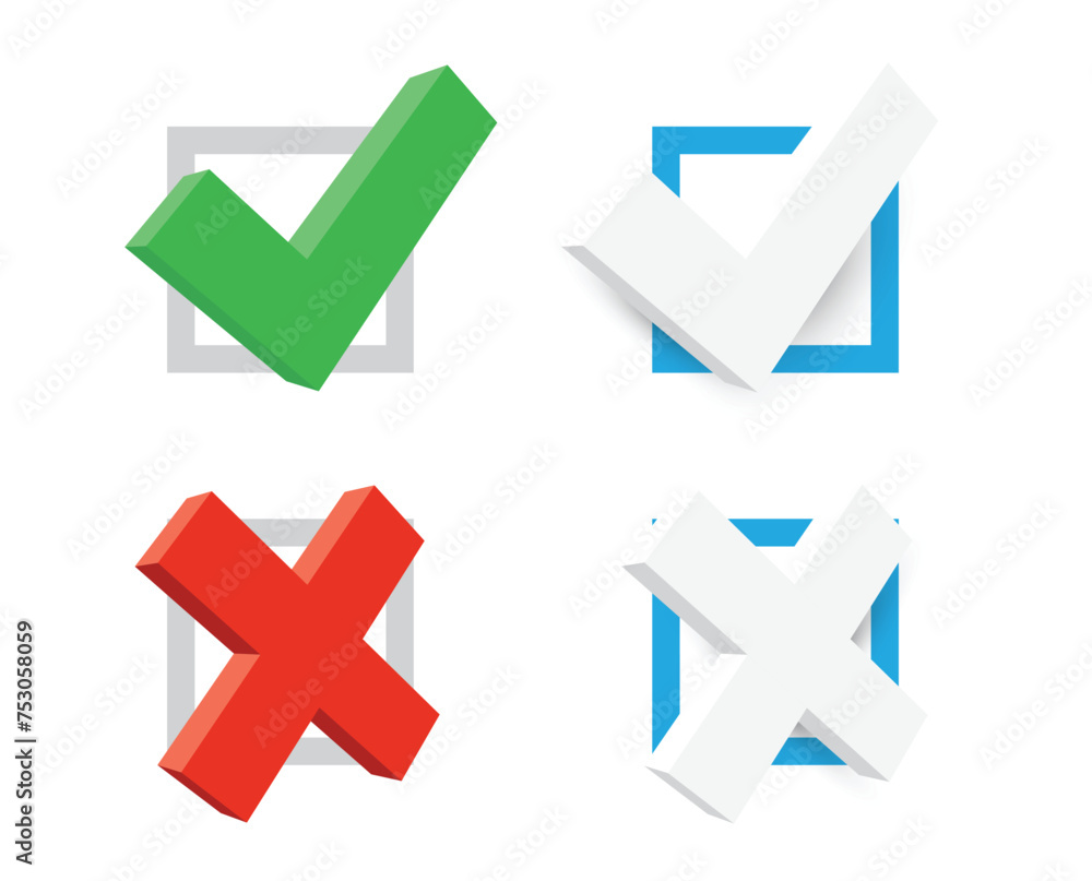 Poster set of four check marks and crosses symbolizing right and wrong choices. vector illustration.