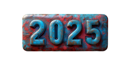 rusty metal numerals "2025", creating a strong visual contrast and a sense of aging or sustainability	