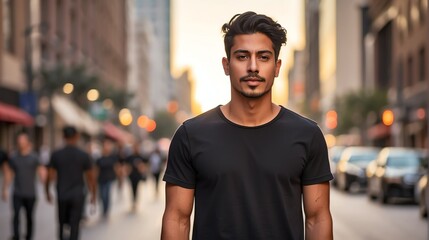 Model Shirt Mockup, Hispanic Guy wearing plain black t-shirt on busy city street at sunset from Generative AI