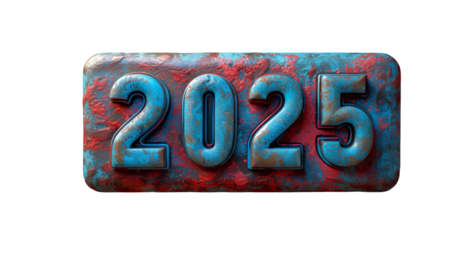 rusty metal numerals "2025", creating a strong visual contrast and a sense of aging or sustainability	