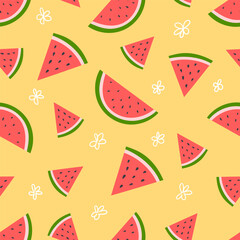 Summer seamless pattern of watermelons on yellow background. Pattern with cute simple elements in flat style.