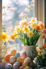 Cozy Easter card template. Flowers and eggs. Happy Easter backdrop. Spring celebrations background.