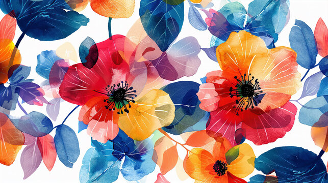 Colorful Flowers and Leaves with Watercolor Texture
