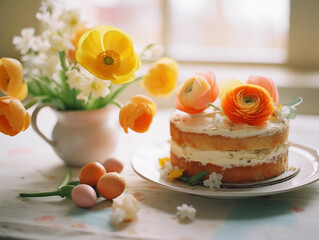 Easter baking background. Happy Easter backdrop card. Easter bread. Festive Easter kulich. Tasty Easter gingerbread.