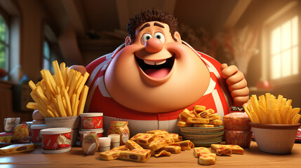 Obraz na płótnie Canvas 3d image of a fat man happily enjoying unhealthy fast food. 