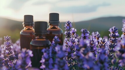 Close-up of bottles of cosmetic essential oil infused with lavender set against a serene backdrop
