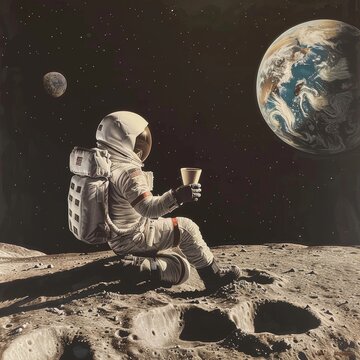 crear una imagen de un astronauta tomando un cafe sobre la luna mirando hacia la tierra 