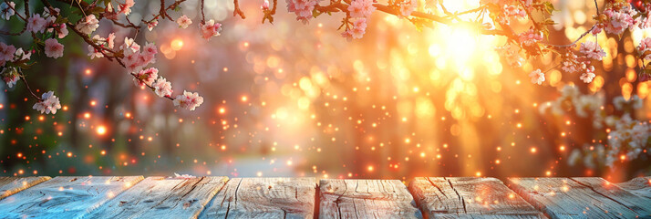 Fototapeta premium empty wooden table on beautiful blooming cherry tree background, beige wood table on blurred natural flower spring background with bokeh light, empty space, product display,banner