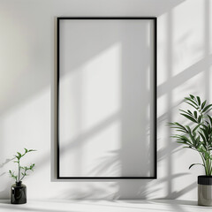 Vertical black frame on blank white wall in A4 size