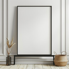Vertical black frame on blank white wall ideal for posters
