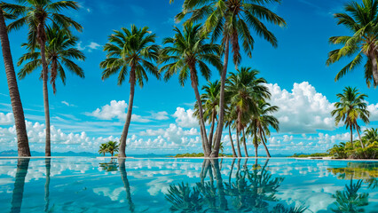 Palm trees on blue sky background - obrazy, fototapety, plakaty