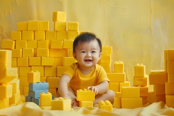 In a world of buttery yellow, the most adorable baby plays with a stack of building blocks,...
