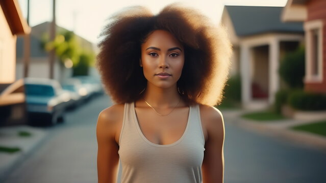 A dark-skinned Afro girl of 25 years old in a white T-shirt walks through a small town in the summer.