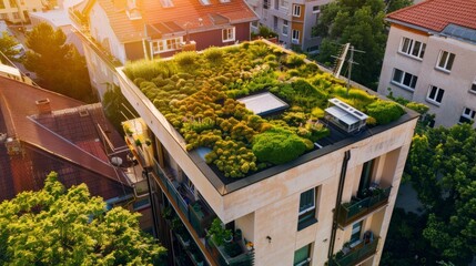 New apartment building with a green roof for sustainability and ecology - 753061406