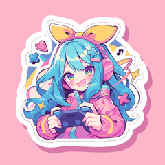Anime girl gamer or streamer with gamepad joystick. Cartoon anime style. Vector character sticker design isolated on a white background