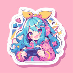 Fototapeta premium Anime girl gamer or streamer with gamepad joystick. Cartoon anime style. Vector character sticker design isolated on a white background