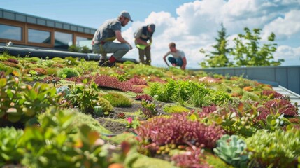 Professional gardening company installs an extensive green roof on an ecological family house - 753061664