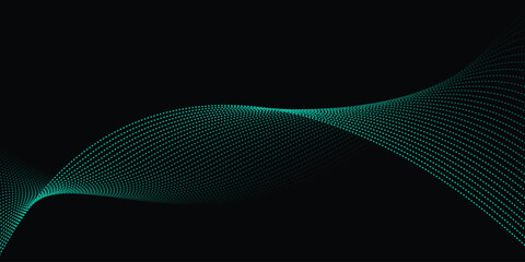 Flowing dot particles wave pattern 3D curve green gradient light isolated on black background. concept of AI technology, science, music.