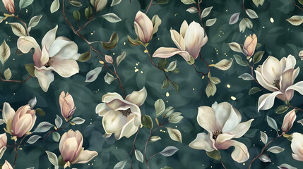 watercolor pattern magnolia flowers, white and pink magnolia vintage pattern on the green background