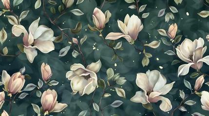 Fotobehang watercolor pattern magnolia flowers, white and pink magnolia vintage pattern on the green background © elenarostunova