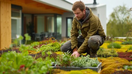 Gardener working on an extensive green roof covered with sedum and low plants - 753061887