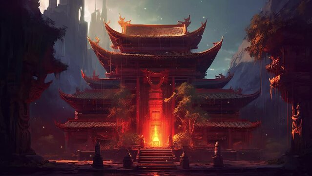 Asian temple with with fire in the middle. Atmospheric and ambient animation loop video.