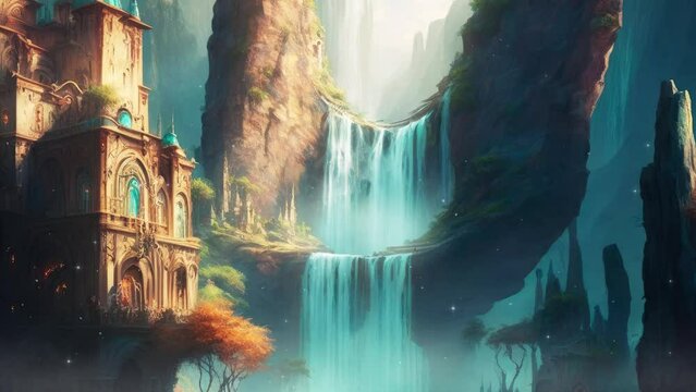 Ancient ruins with waterfall surrounded by mountains. Beautiful fantasy landscape and atmospheric loop video.