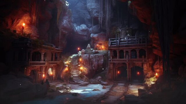 Fantasy cave with beautiful ancient ruins. Magical and atmospheric loop video.