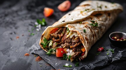 Beef shawarma pita, fresh vegetable meatloaf, grilled meat wrap and lettuce wrap with white sauce....