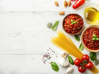 Italian food ingredients for Spaghetti Bolognese. Top view. Free copy space.