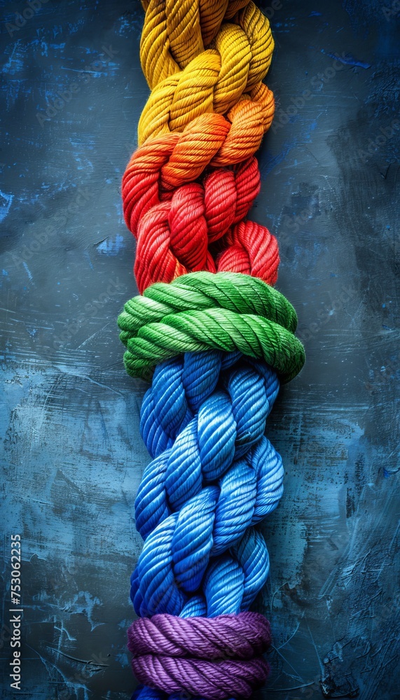 Poster strength through unity diverse team network concept with colorful background cooperation.