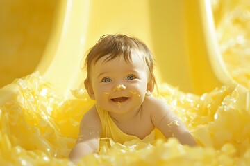 In a world of buttery yellow, the most endearing little baby enjoys a tiny slide, creating a scene...