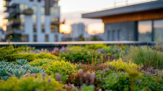 Modern building with an extensive green roof for ecology and sustainable development in a modern city
