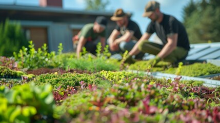 A professional gardening company installs an extensive green roof on an ecological family house - 753062421