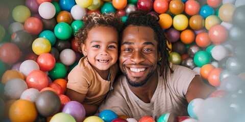 Fototapeta na wymiar Father and child sharing a joyful moment in a ball pit