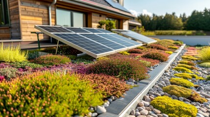 Photovoltaic panels combined with a green roof are an ecological and modern sustainable solution - 753062625