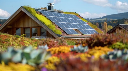 Green roof and photovoltaic panels on the roof of an ecological building in accordance with the principles of sustainable development