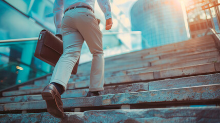 A business man quickly runs up the stairs outside a business building. Career growth, success and personal growth