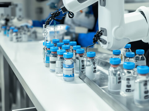 Vaccine Production with modern automatic robot technology in pharmaceutical factory, concept