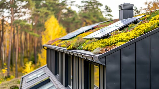 A green roof covered with sedum as a modern family building that is ecologically compatible and sustainable