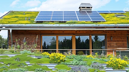 Green roof and photovoltaic panels on the roof of an ecological building in accordance with the principles of sustainable development - 753062852