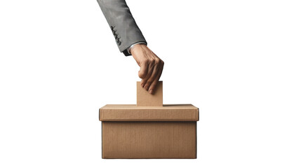 Brief description: A hand throwing a ballot into a ballot box against the backdrop of a light interior. Concept: Close-up of the election process. political voters	
