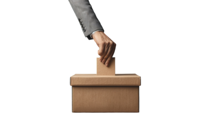 Brief description: A hand throwing a ballot into a ballot box against the backdrop of a light interior. Concept: Close-up of the election process. political voters	