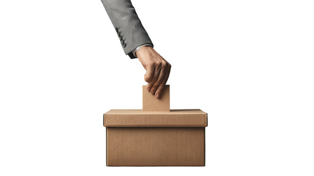 Brief description: A hand throwing a ballot into a ballot box against the backdrop of a light interior. Concept: Close-up of the election process. political voters	