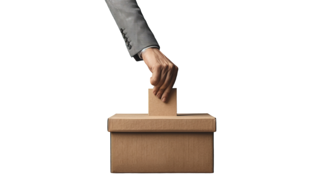 Brief description: A hand throwing a ballot into a ballot box against the backdrop of a light interior. Concept: Close-up of the election process. political voters	